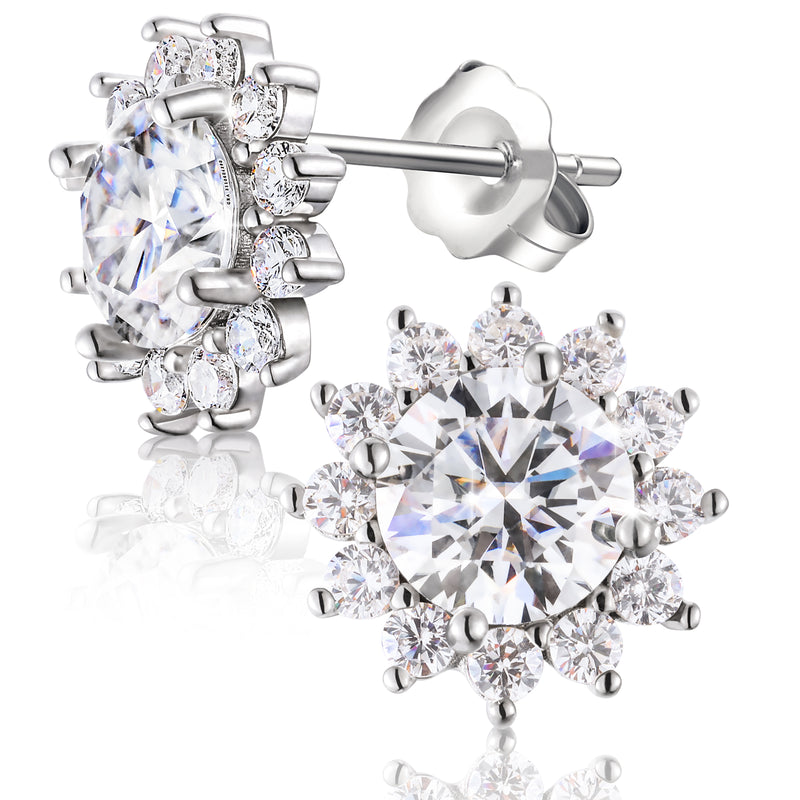 Round Cut 2 Carat 925 Sterling Silver Moissanite Stud Earrings With Small Stones